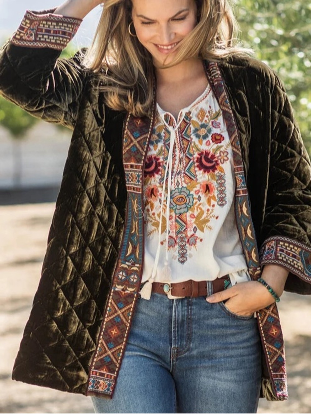 Johnny Was Embroidered Trim Quilted Velvet Coat - Brown